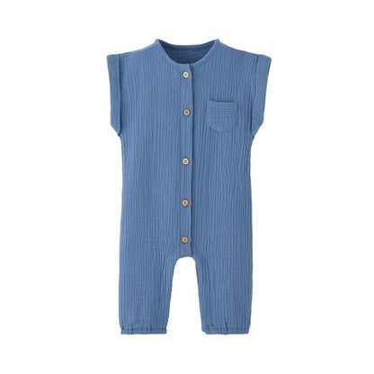 Front view of the vintage-inspired infant jumpsuit in a light slate blue, featuring a rolled cap sleeve and rustic buttons.