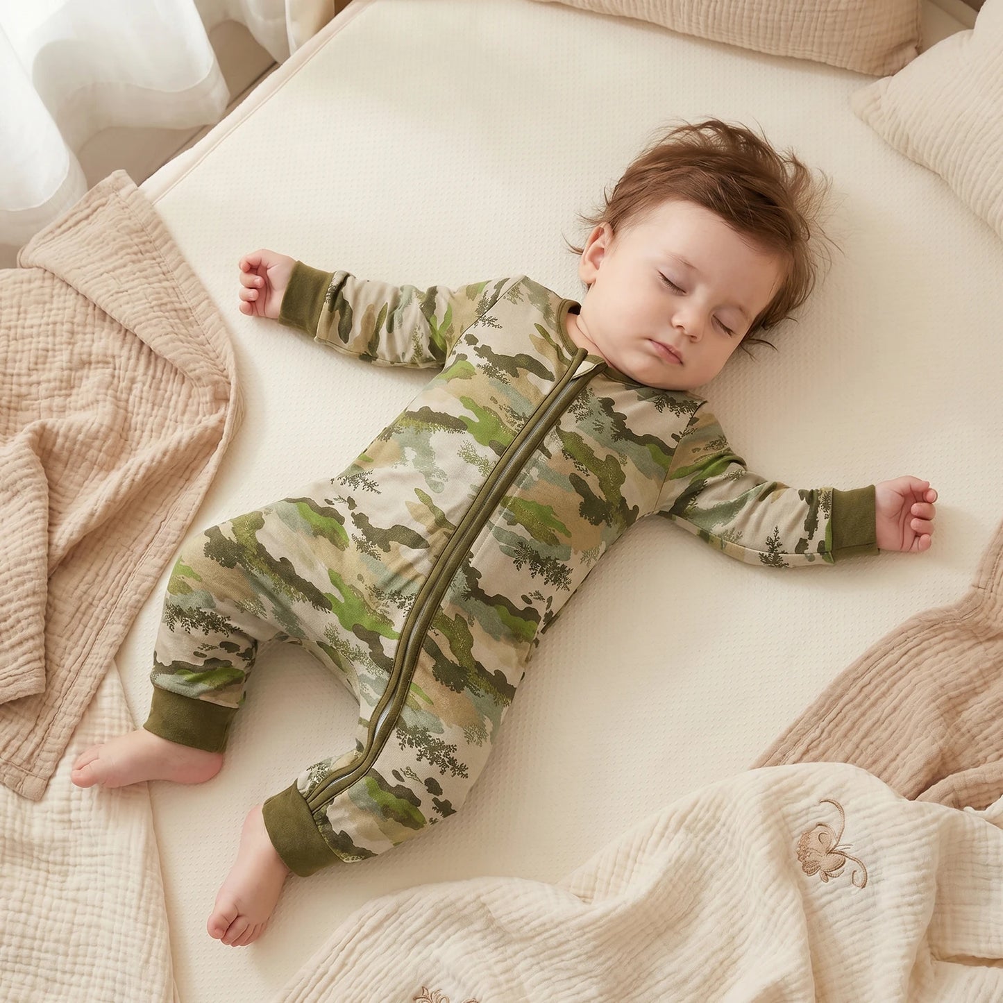 Baby boy sleeping peacefully in a crib wearing the comfortable Kidsely army green camo zipper sleeper.