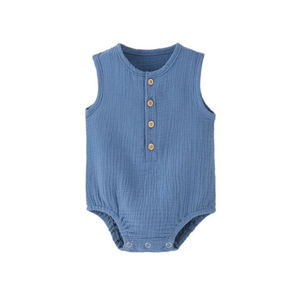 Kidsely Muted Slate Blue muslin gauze baby romper with a four-button Henley front and breathable, high-quality summer fabric.