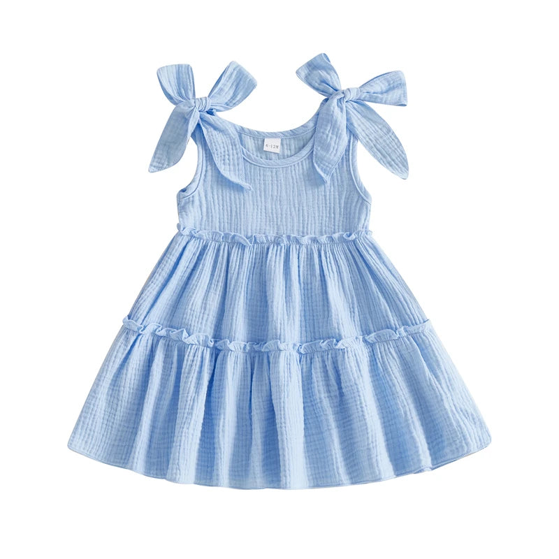 Sky Blue sleeveless cotton summer dress for baby girls with a breathable muslin texture and O-neckline.