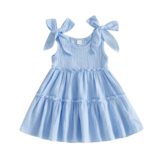 Sky Blue sleeveless cotton summer dress for baby girls with a breathable muslin texture and O-neckline.