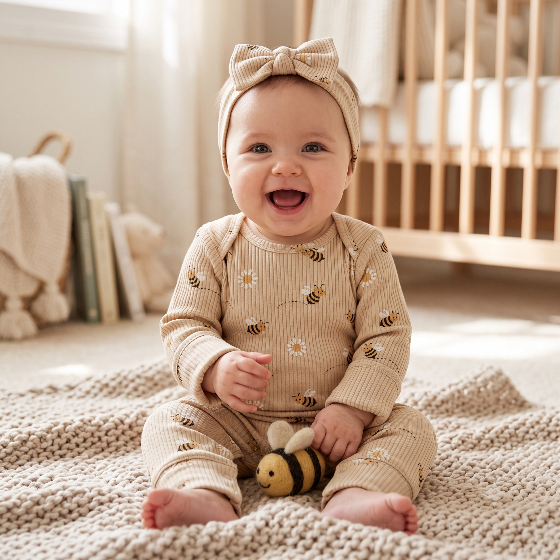 A happy baby girl sitting on a textured knit blanket in a sunny nursery, wearing the Kidsely beige ribbed bee and daisy print romper and matching headband, playing with a small plush bee toy.