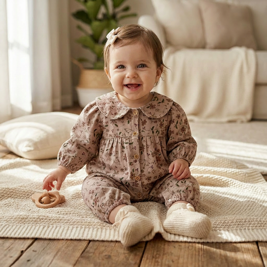 A smiling baby girl sitting on a cozy blanket wearing the Kidsely vintage mauve floral long-sleeve romper.