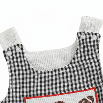 Angled view highlighting the high-quality cotton lining, secure shoulder snaps, and precise stitch detailing of the sleeveless infant game day bubble romper.