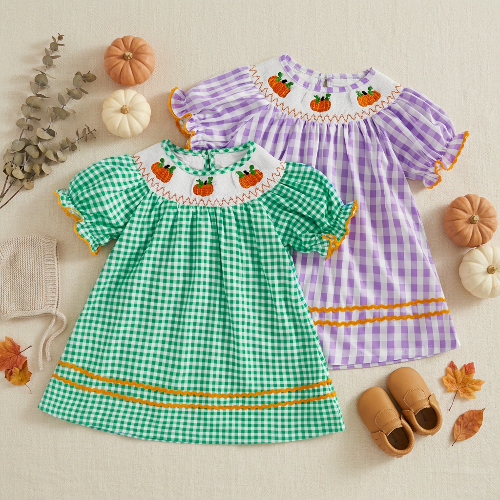 Flat lay display of green and purple gingham smocked dresses with pumpkin embroidery, styled with baby shoes and small pumpkins.