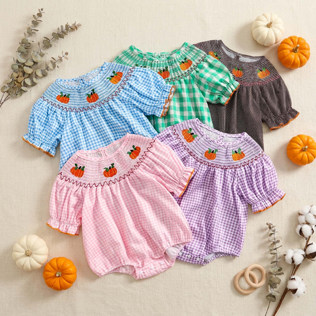 Flat lay displaying baby smocked pumpkin rompers in five colors—light blue, green, brown, pink, and purple—surrounded by decorative mini autumn pumpkins.