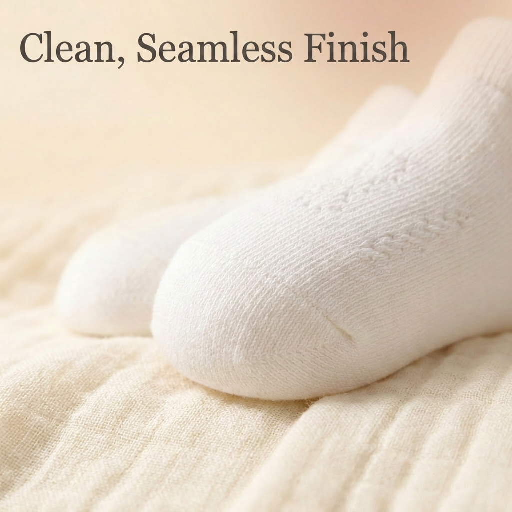 Close up of the clean, seamless toe finish on a white baby sock designed to prevent snagging and toe irritation.