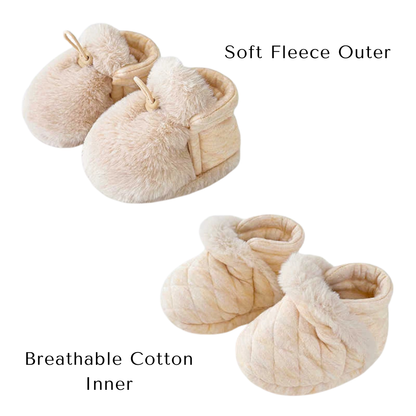 Graphic displaying beige baby booties emphasizing the soft fleece outer and breathable quilted cotton inner.