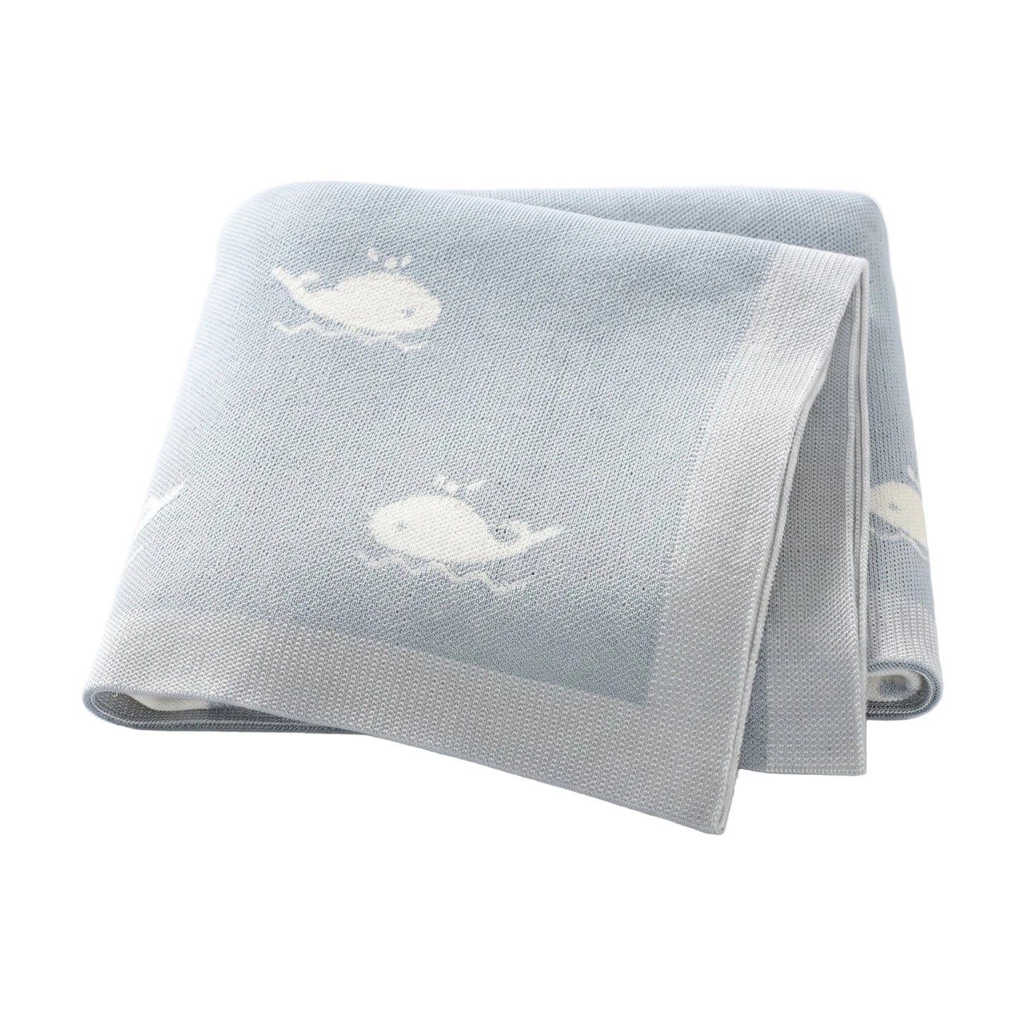 Folded Kidsely soft viscose knit baby blanket in baby blue with white whale pattern and ribbed border