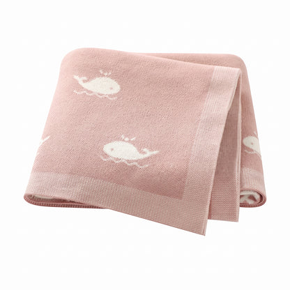 Kidsely soft knit baby blanket in pink with white whale pattern for newborn gift