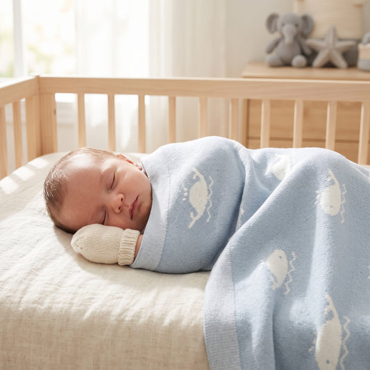 Sleeping newborn wrapped in a Kidsely baby blue knit whale swaddle blanket in a wooden crib