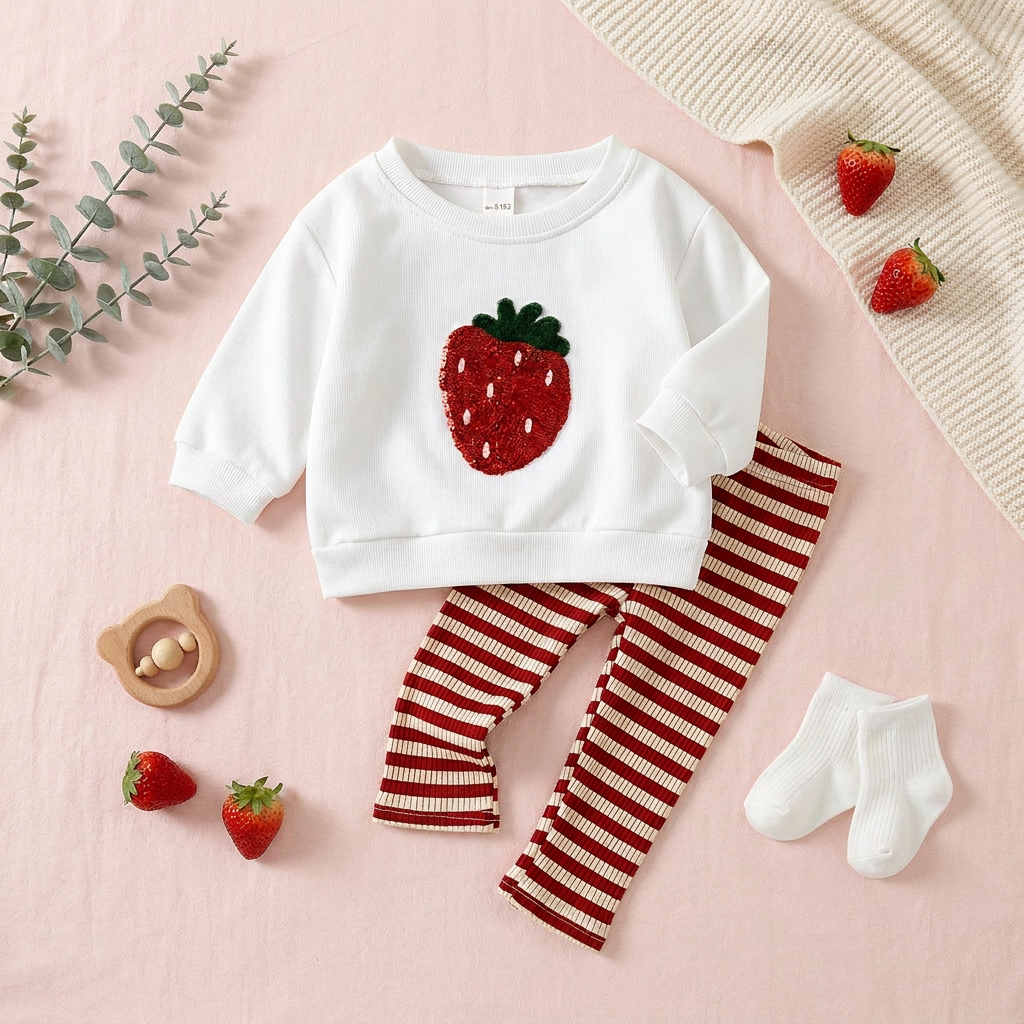 Aesthetic flat lay presentation of the white strawberry sweater and striped pants set on a pink background surrounded by a wooden toy, socks, and fresh strawberries.