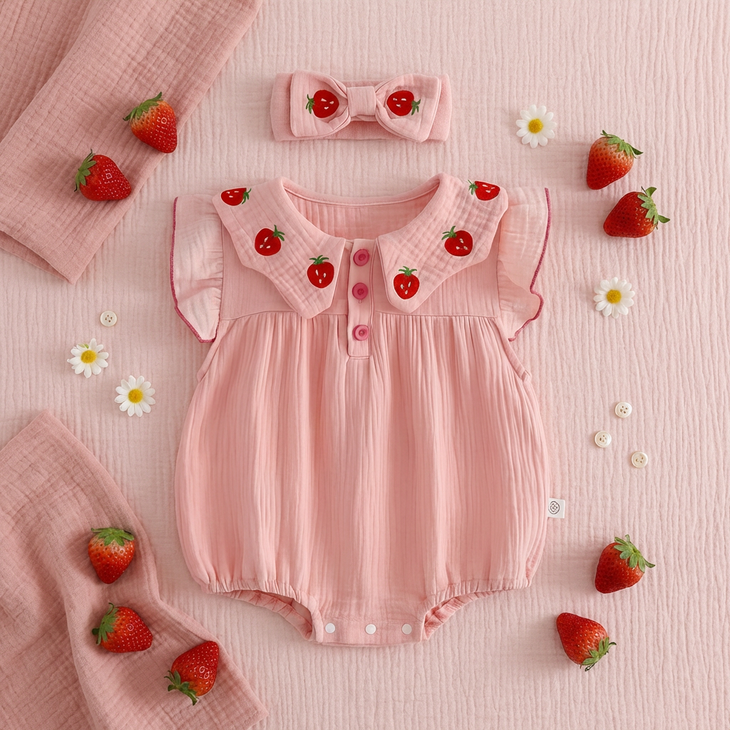 A beautiful styled flat lay background featuring the pink baby romper set surrounded by fresh strawberries and tiny white daisy flowers.