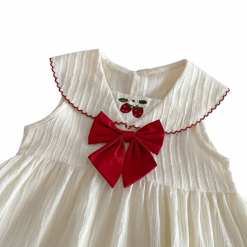 Kidsely baby girl cream textured cotton sailor dress with red strawberry embroidery and large front bow on a clean white background.