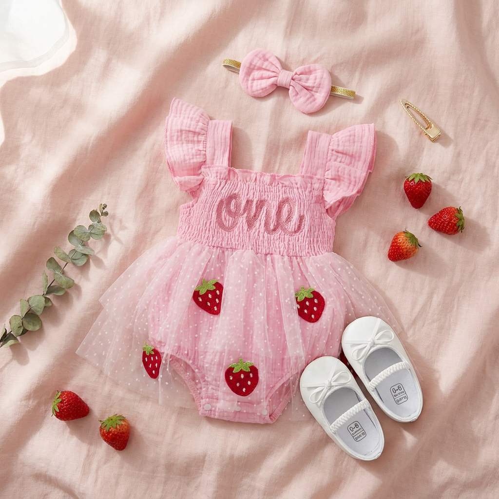 Flat lay styling of the pink strawberry first birthday romper outfit, headband, white shoes, and scattered fresh strawberries