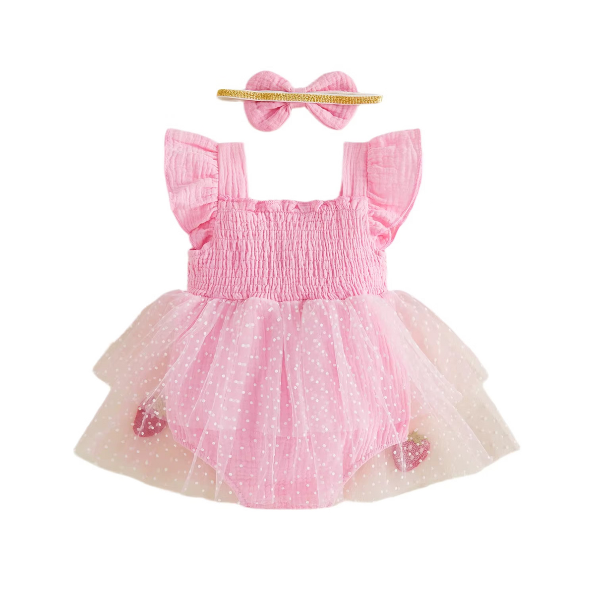 Back view of the pink strawberry tulle tutu romper dress and matching headband on a white background