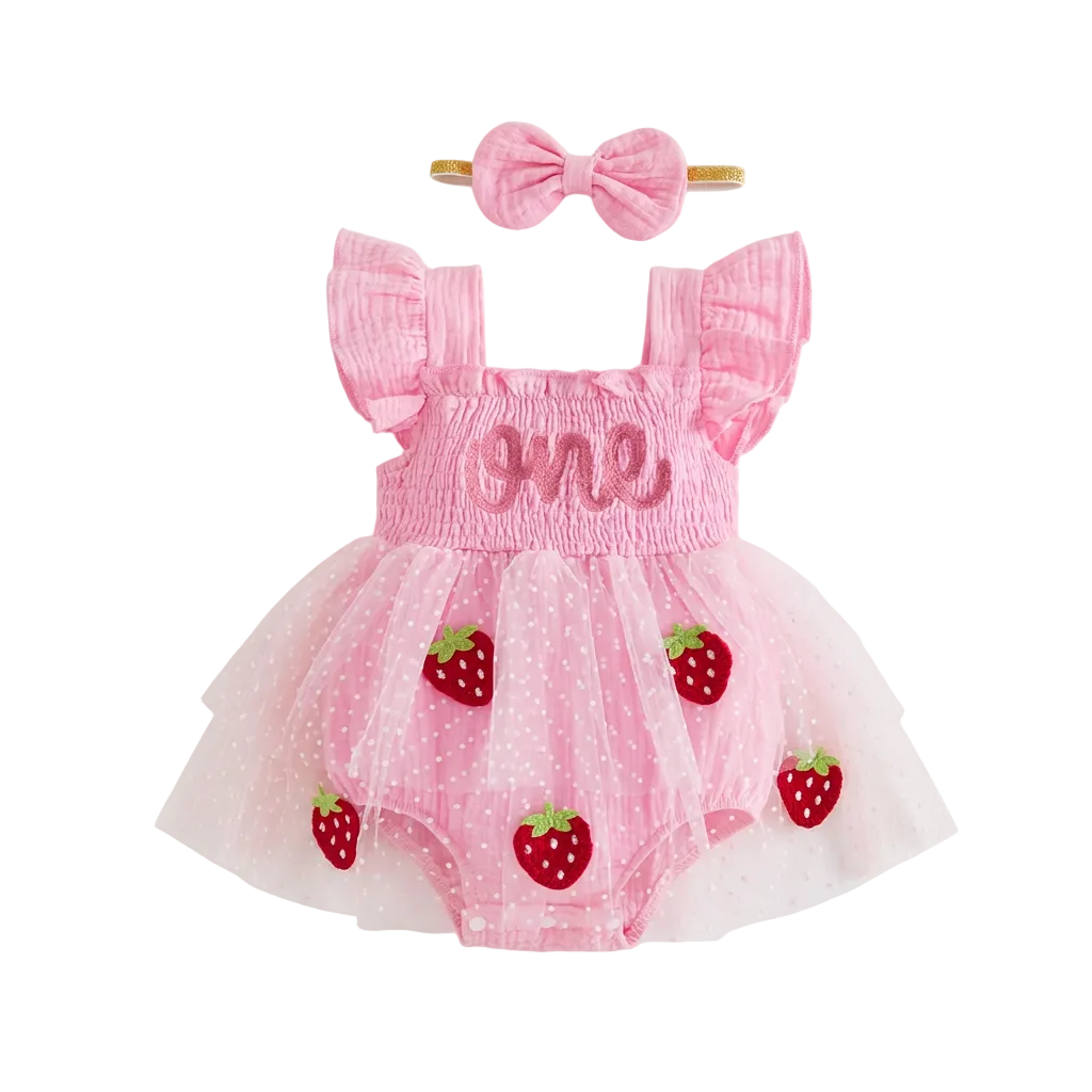 Pink strawberry tulle tutu romper dress with "one" embroidery and matching bow headband set on a white background