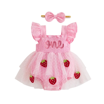 Pink strawberry tulle tutu romper dress with "one" embroidery and matching bow headband set on a white background