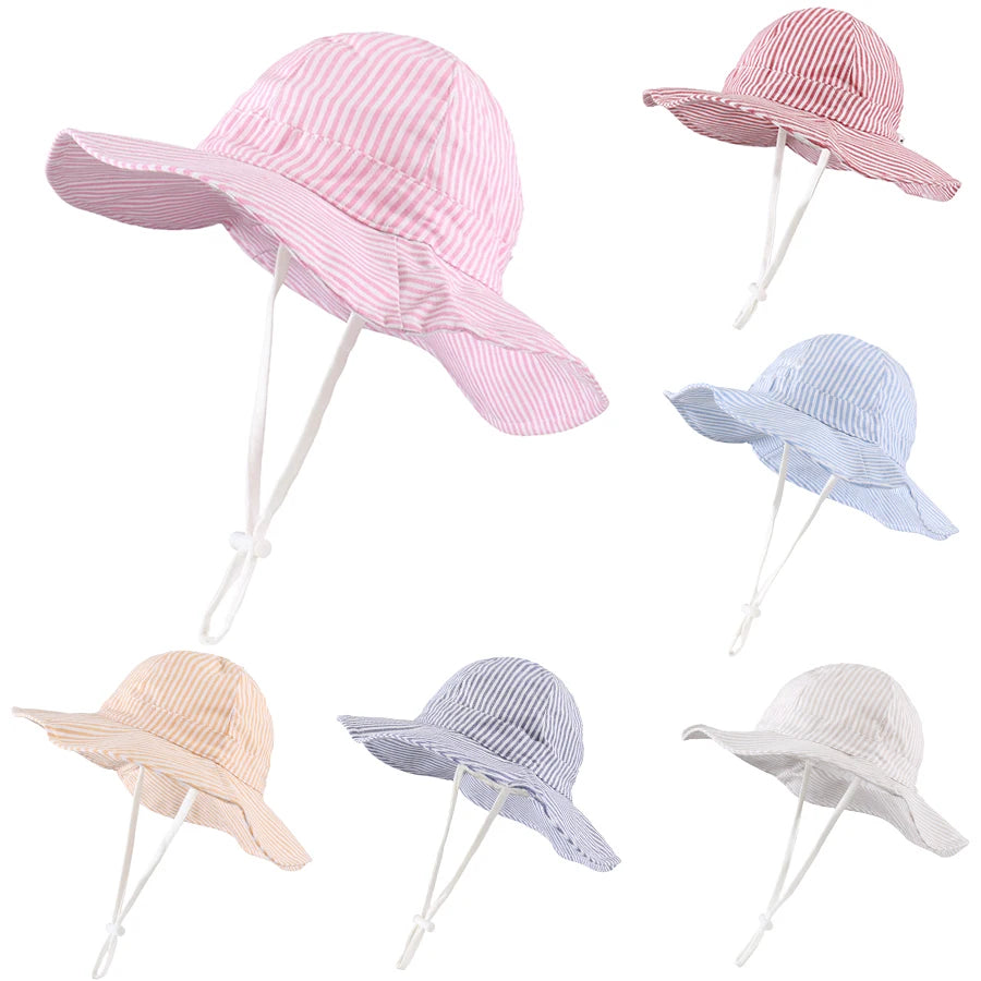 Six color variations of the kidsely adjustable striped cotton baby sun hat including pink, red, navy blue, light blue, khaki, and orange.