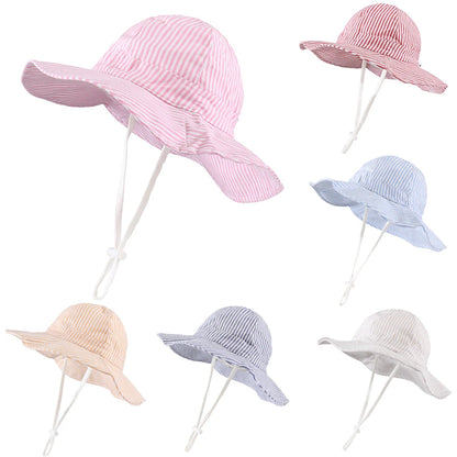 Six color variations of the kidsely adjustable striped cotton baby sun hat including pink, red, navy blue, light blue, khaki, and orange.