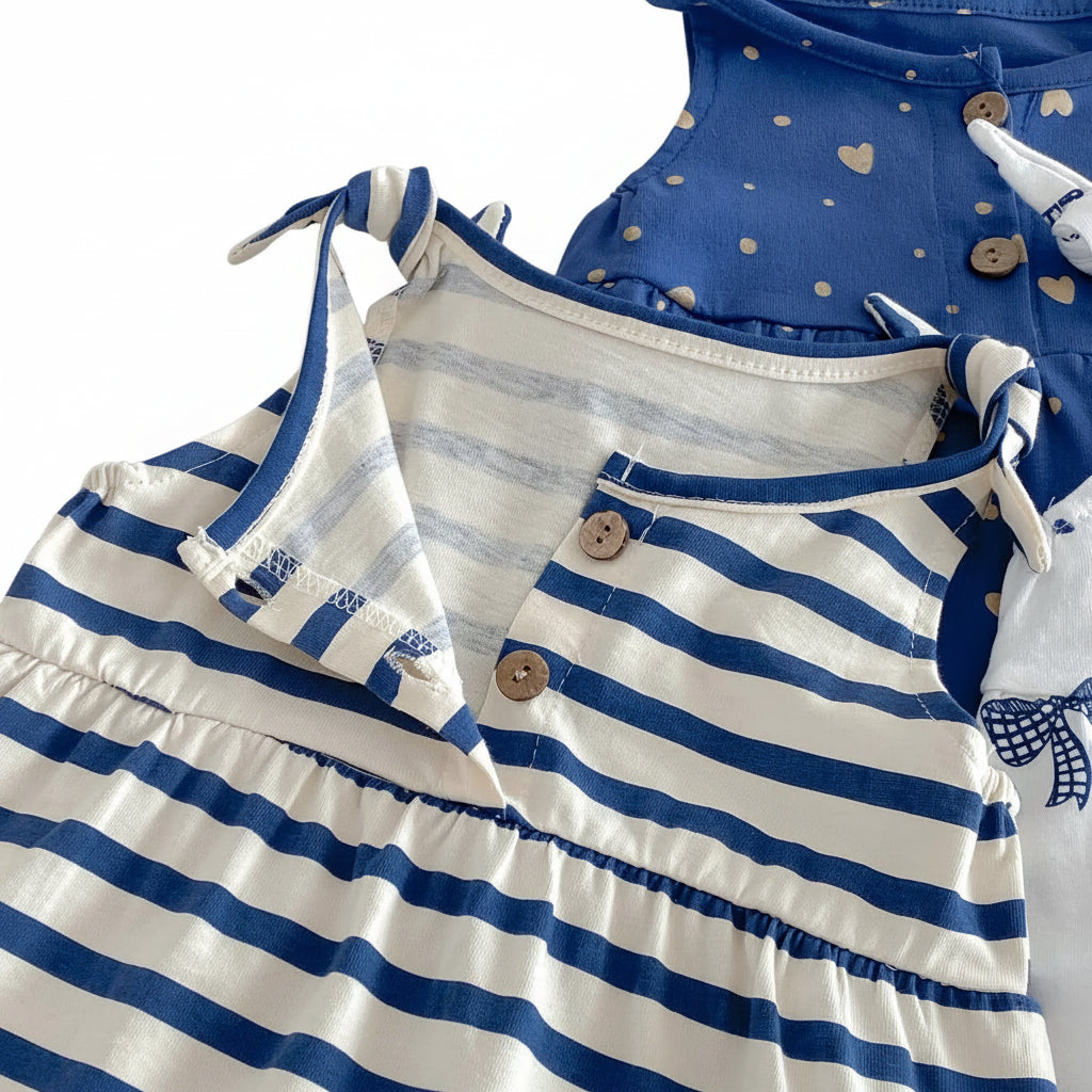 Close-up detail of the wooden front buttons and gathered neckline on a blue and white striped baby cotton romper.