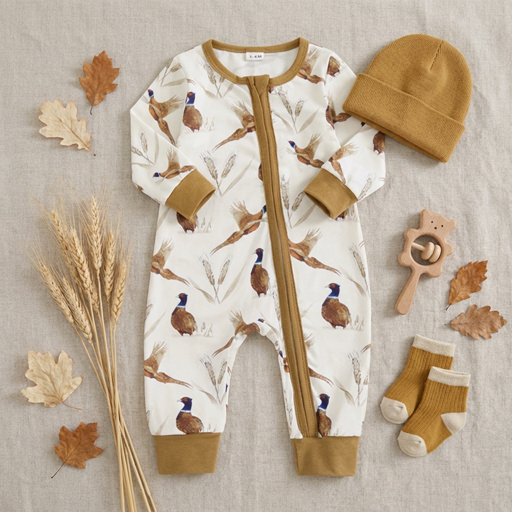 Styled flat lay of the pheasant baby romper paired with a brown beanie, socks, wooden teething toy, and fall leaves.