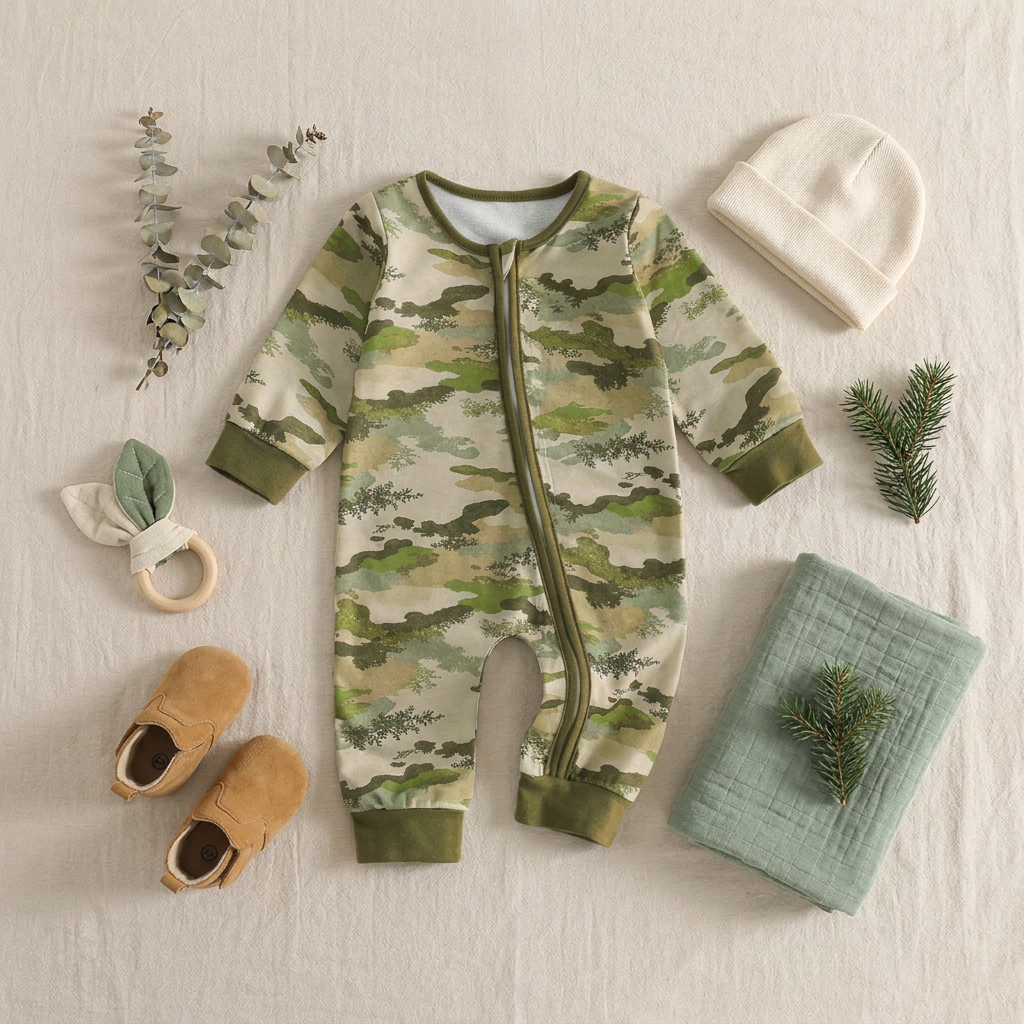 Styled flat lay of the Kidsely baby boy camo jumpsuit paired with a cream beanie, moccasins, and a wooden teething toy.