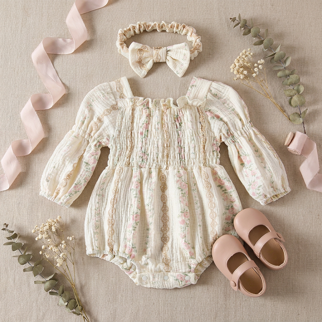Styled flat lay of a fairytale princesscore baby girl romper and headband set, accessorized with pink ribbons, dried flowers, and small baby shoes.