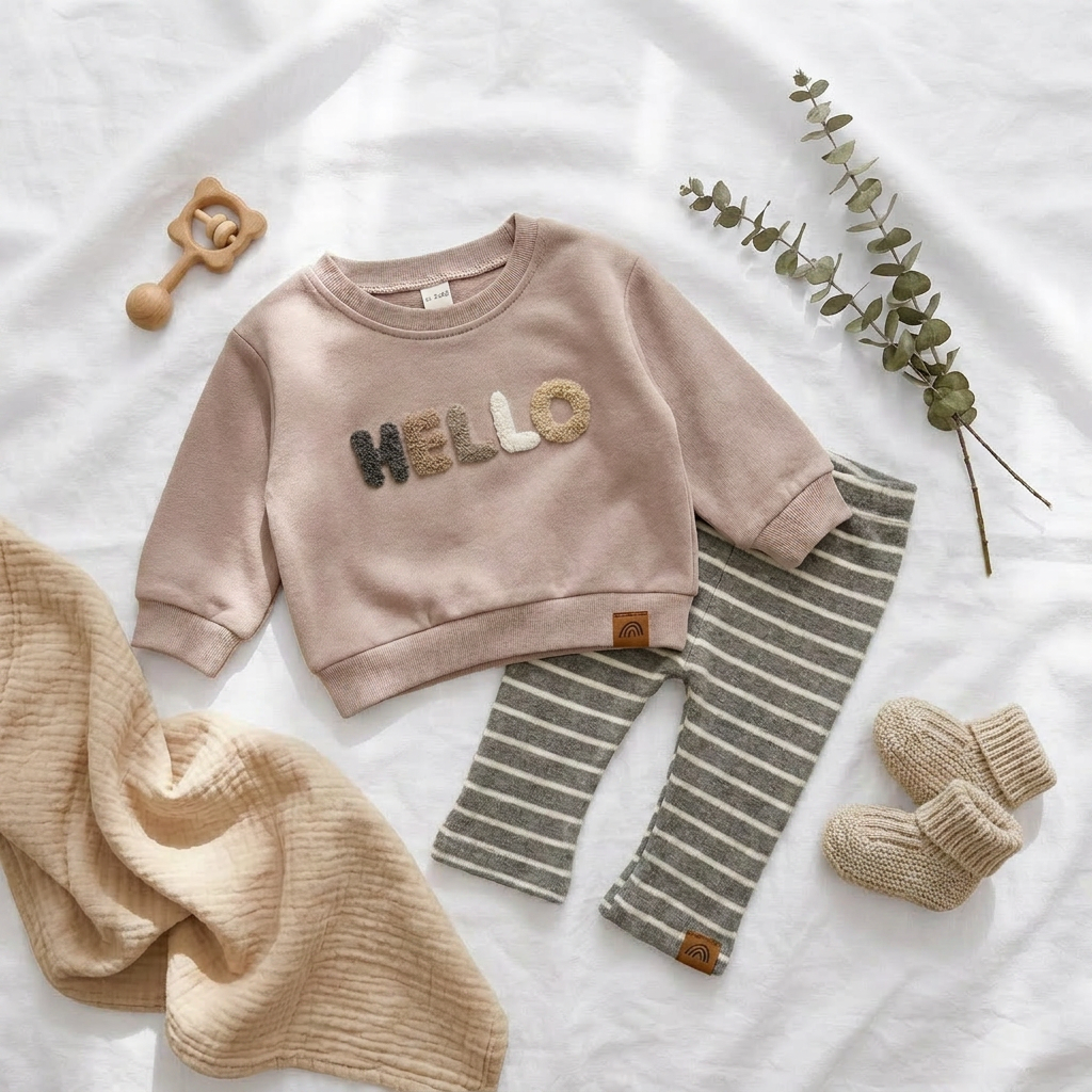 Styled flat lay of the beige Hello baby top and striped pants arranged aesthetically on a white textured blanket alongside baby shoes, a wooden teething toy, and a decorative botanical branch.
