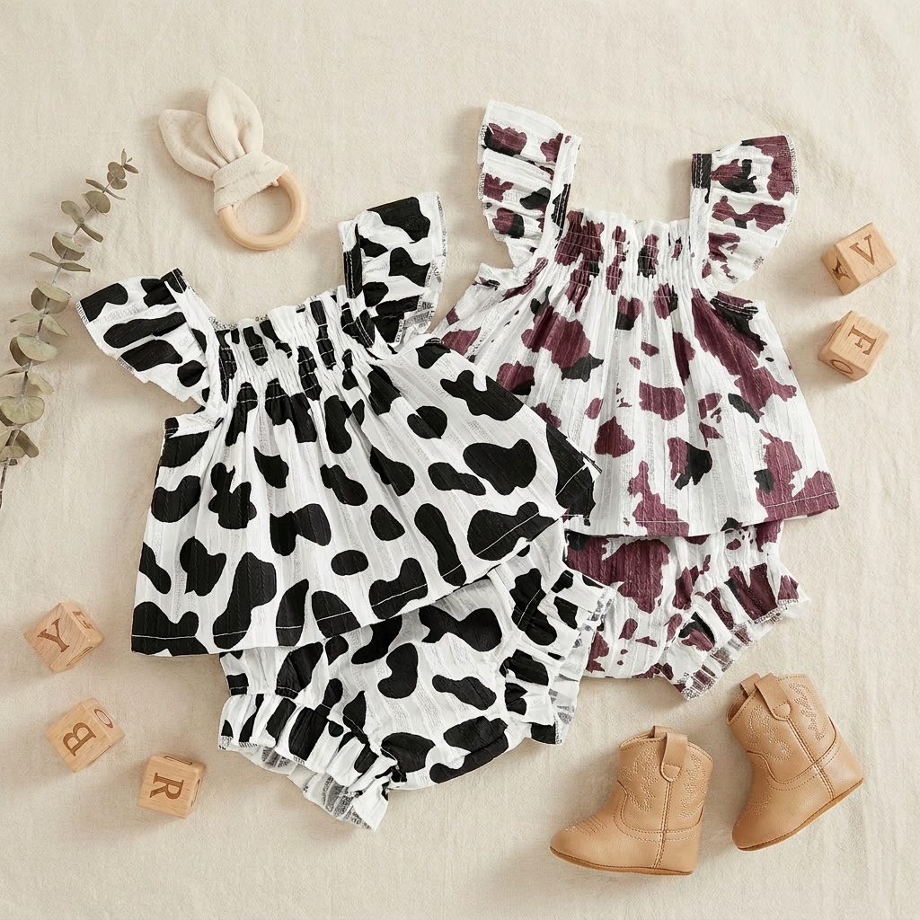 A styled flat lay displaying both the black and brown cow print baby outfits alongside wooden blocks, a baby teether, and small cowboy boots.