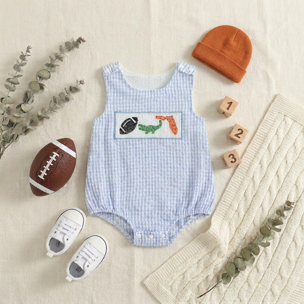Styled flat lay of a blue seersucker gingham infant gameday romper surrounded by fall tailgate accessories including a mini football, orange baby beanie, white sneakers, wooden blocks, and eucalyptus leaves on a textured cream blanket.
