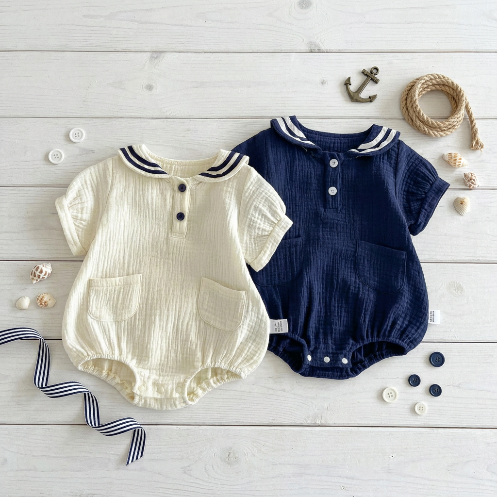 Aesthetic flat lay of Sea Salt and Deep Sea rompers styled with a toy anchor, rope, and buttons on a white wood background.