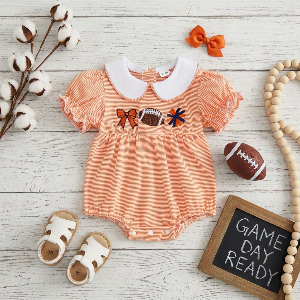 Styled flat lay of an orange striped baby game day romper surrounded by white sandals, an orange bow, a mini football, and a small chalkboard sign reading Game Day Ready.