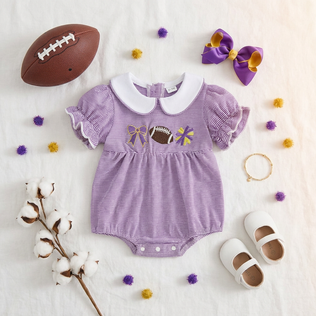 Styled flat lay of a purple striped baby game day romper surrounded by white baby shoes, a purple hair bow, a mini football, and decorative cotton stems.