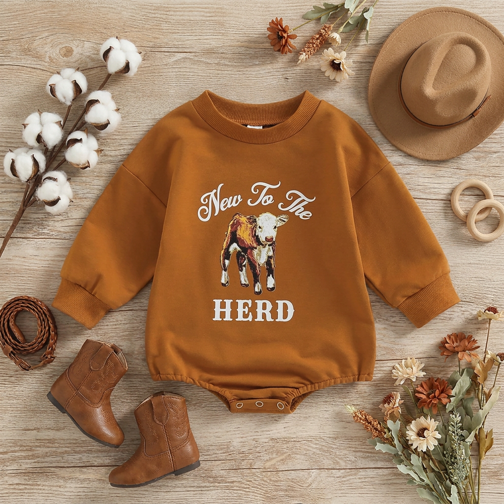 Flat lay of the rust New To The Herd baby romper styled with brown baby boots, cotton stems, and a tiny cowboy hat.