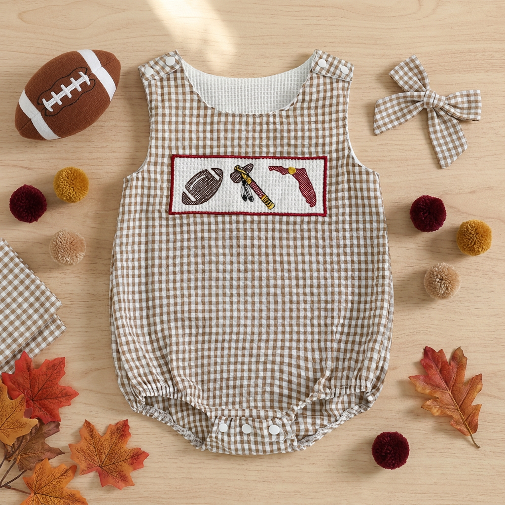 Styled flat lay of a tan seersucker gingham infant gameday bubble romper surrounded by fall football accessories including a mini toy football, a matching fabric hair bow, faux autumn maple leaves, and small decorative pom-poms on a light wood surface.