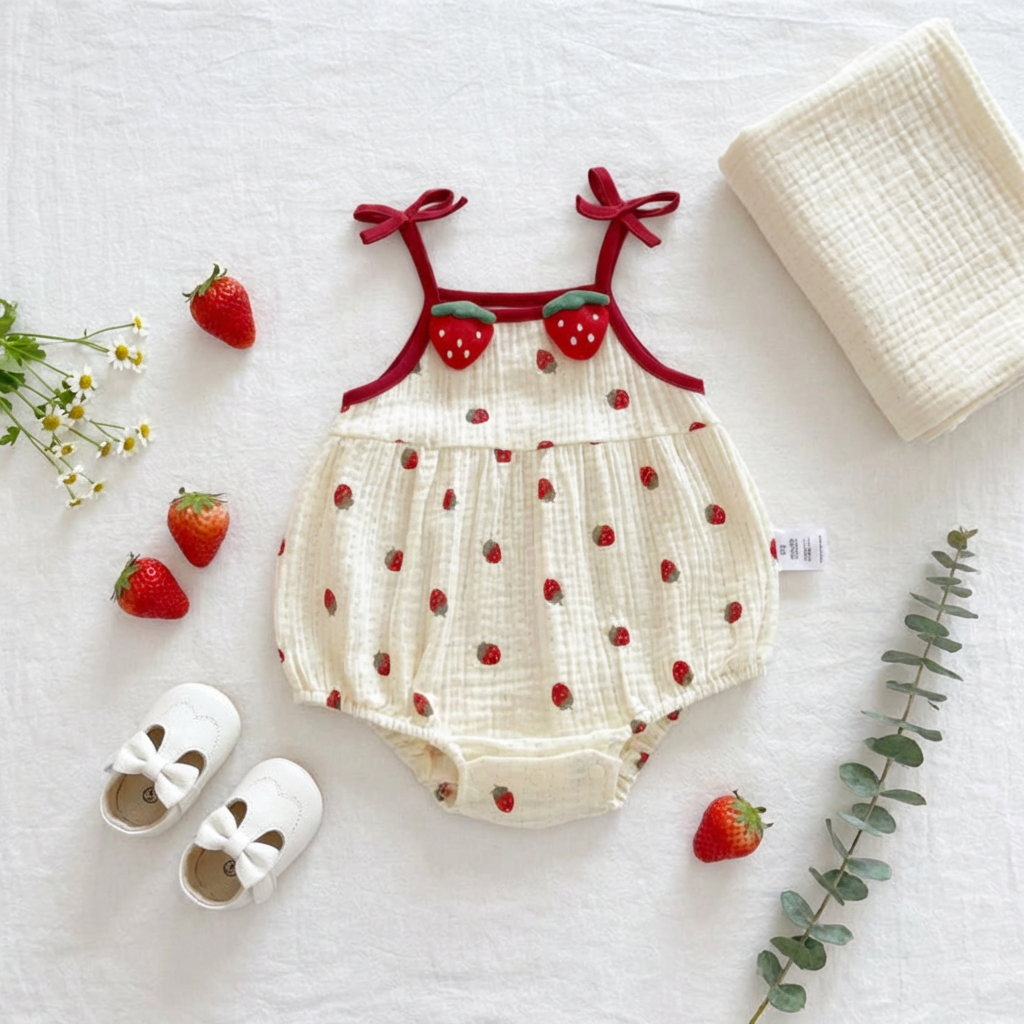 Baby romper with strawberry pattern on a white background