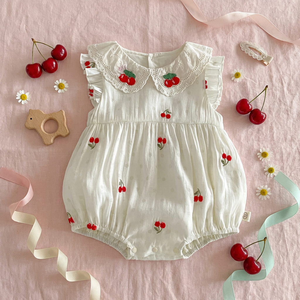 White baby romper with cherry pattern on a pink background