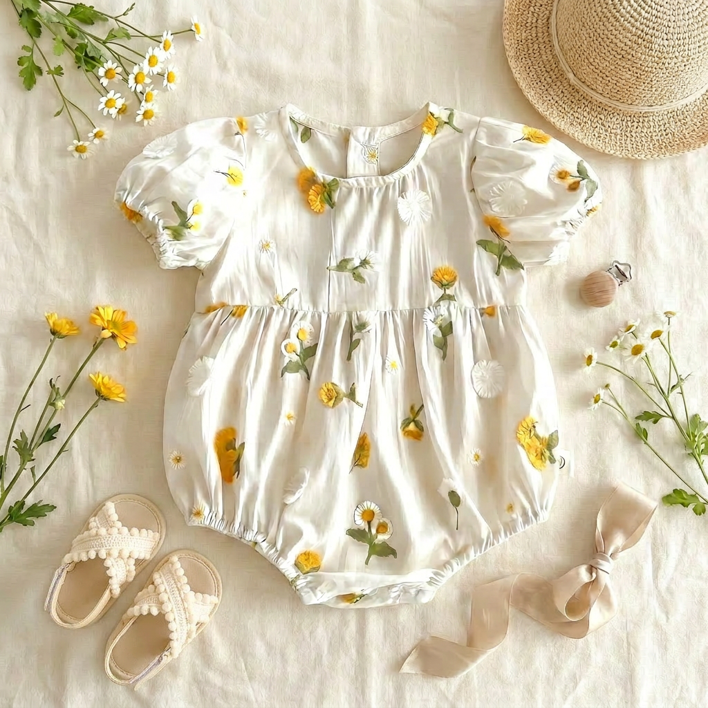 Aesthetic flat lay of a baby girl's white floral embroidered romper styled with white summer sandals, a straw hat, and loose yellow flowers.