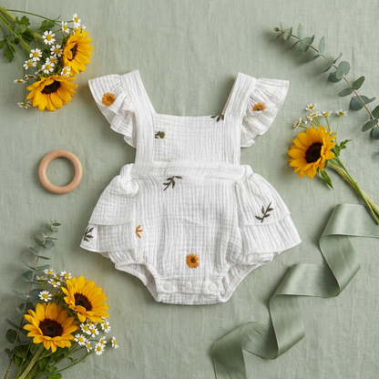Flat lay of an embroidered white daisy and sunflower baby romper styled with fresh sunflowers and a wooden teething ring on a light green fabric background.