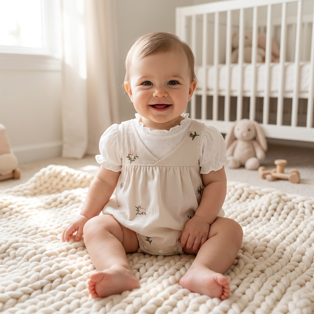A happy, smiling baby girl sitting on a chunky knit blanket in a bright nursery, wearing the Sweet Pea 2-piece cream embroidered floral romper and white puff-sleeve pointelle bodysuit.