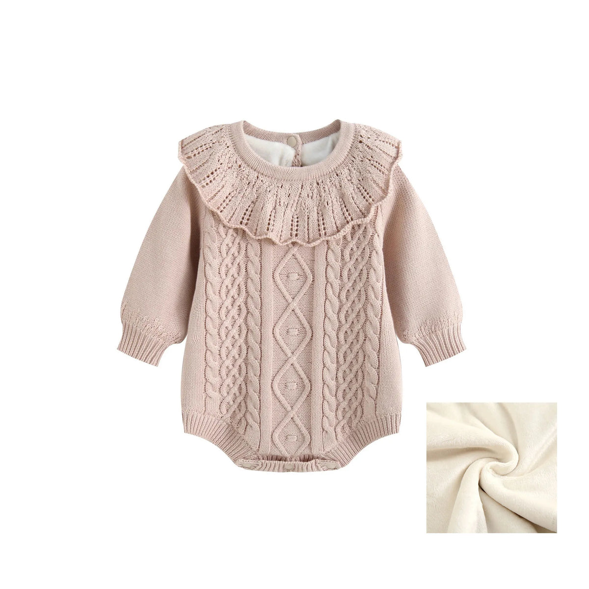 Taupe baby girl cable knit sweater bodysuit with fleece lining inset icon.
