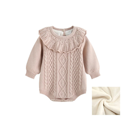 Taupe baby girl cable knit sweater bodysuit with fleece lining inset icon.