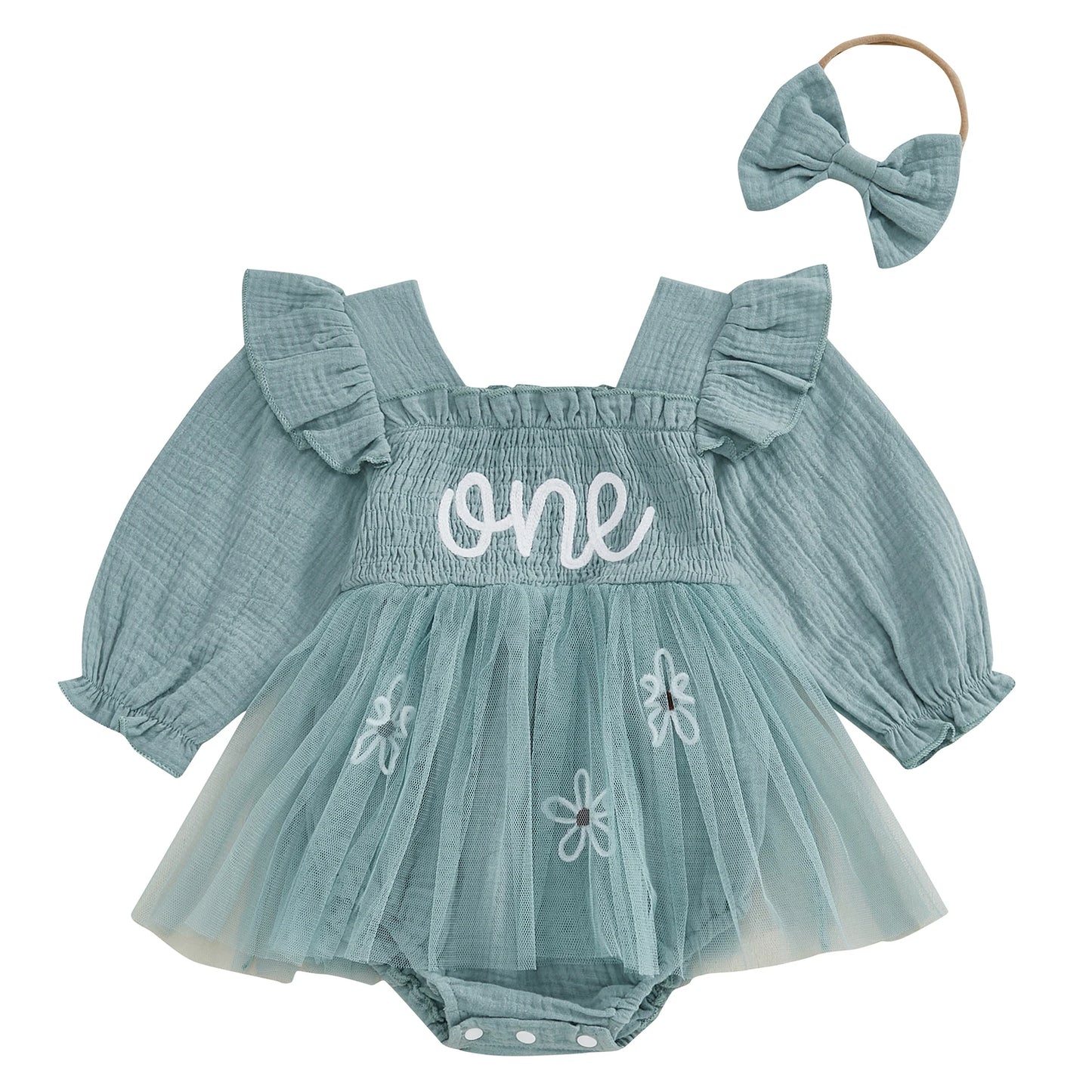 Teal baby girl 1st birthday smocked tulle romper dress with white embroidered ONE and matching bow headband