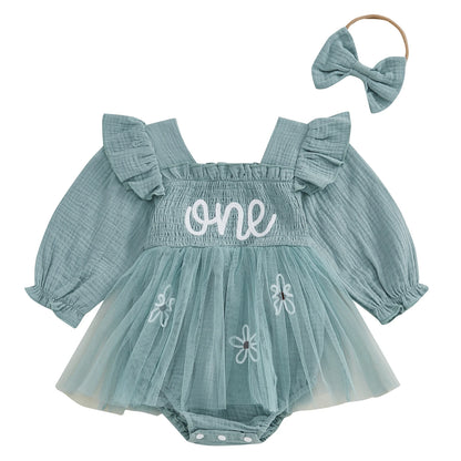 Teal baby girl 1st birthday smocked tulle romper dress with white embroidered ONE and matching bow headband