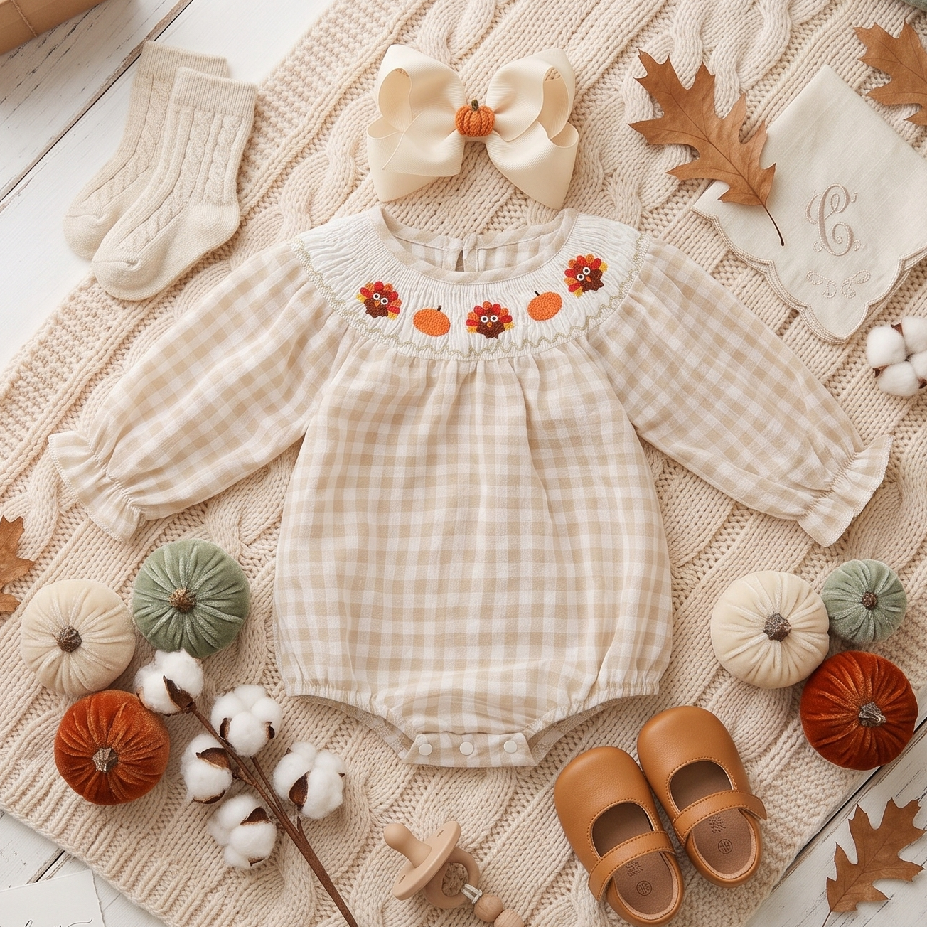 Flat lay of a baby girls smocked Thanksgiving romper styled with a hair bow, baby shoes, and fall decor on a knit blanket.