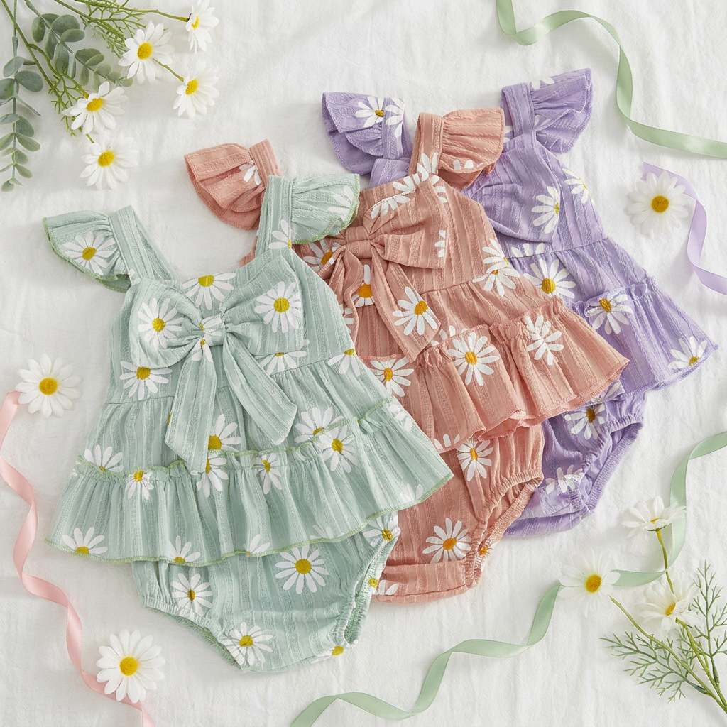 Three baby outfits in green, pink, and purple with floral daisy pattern on a white background with flowers and ribbons.