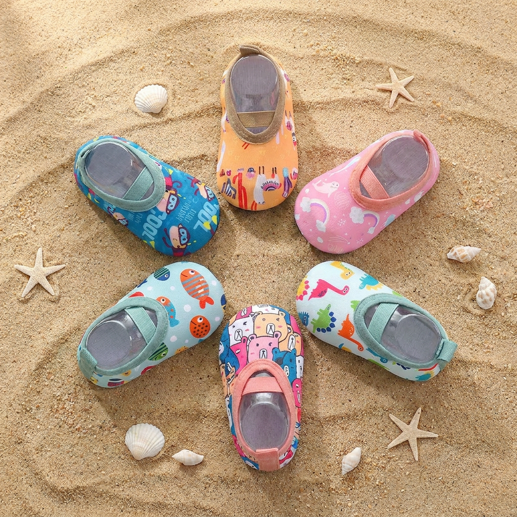 Six different pattern variants of Kidsely toddler aqua socks arranged in a colorful circular wheel on sand with starfish and sea shells.