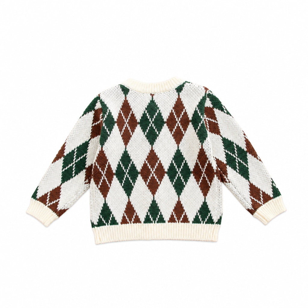 Back view of Kidsely toddler boys long sleeve argyle knit sweater