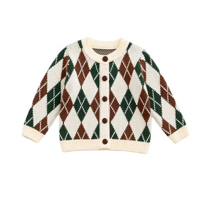 Front view of Kidsely toddler and baby boys argyle knit cardigan sweater in cream, green, and brown